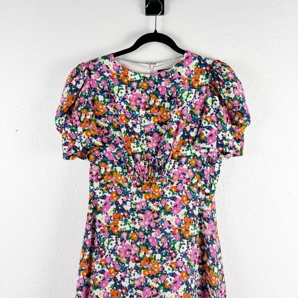 Saloni Bianca Printed Silk Puff Sleeve Midi Dress Pink Rosette Size 12 Cocktail - Picture 3 of 9